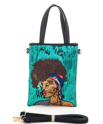 Glasses Girl Sequins Top Handle Convertible Swing Bag 136-S039-SM GREEN
